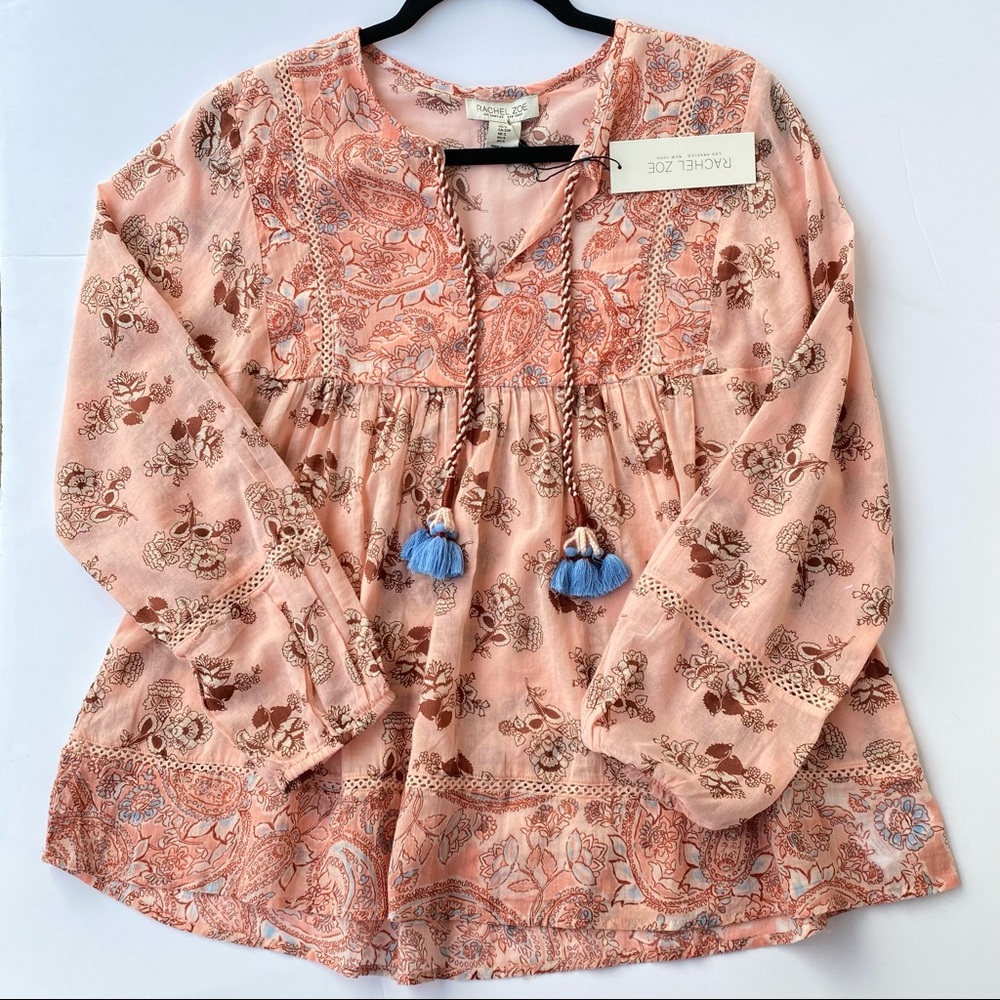 Rachel Zoe Boho Peasant Floral Tassel Top Cotton